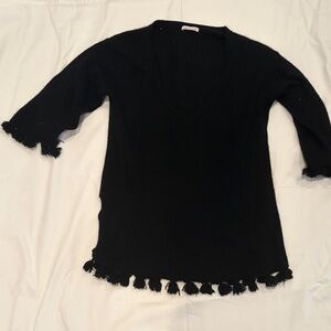 Minnie Rose Black V-Neck Sweater with Fringe